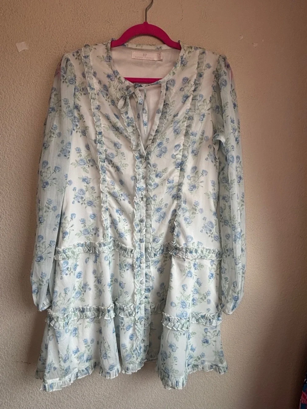 Rachel Parcell White Blue Floral Ruffle Sheer Long Sleeve Mini Dress M